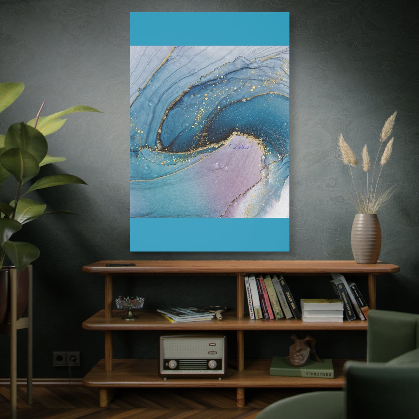 Canvas Wall Art, Abstract Ocean Wave, Modern Decor, Home Office, Gift for Her, Blue Gold Artwork, Living Room Wall Decor