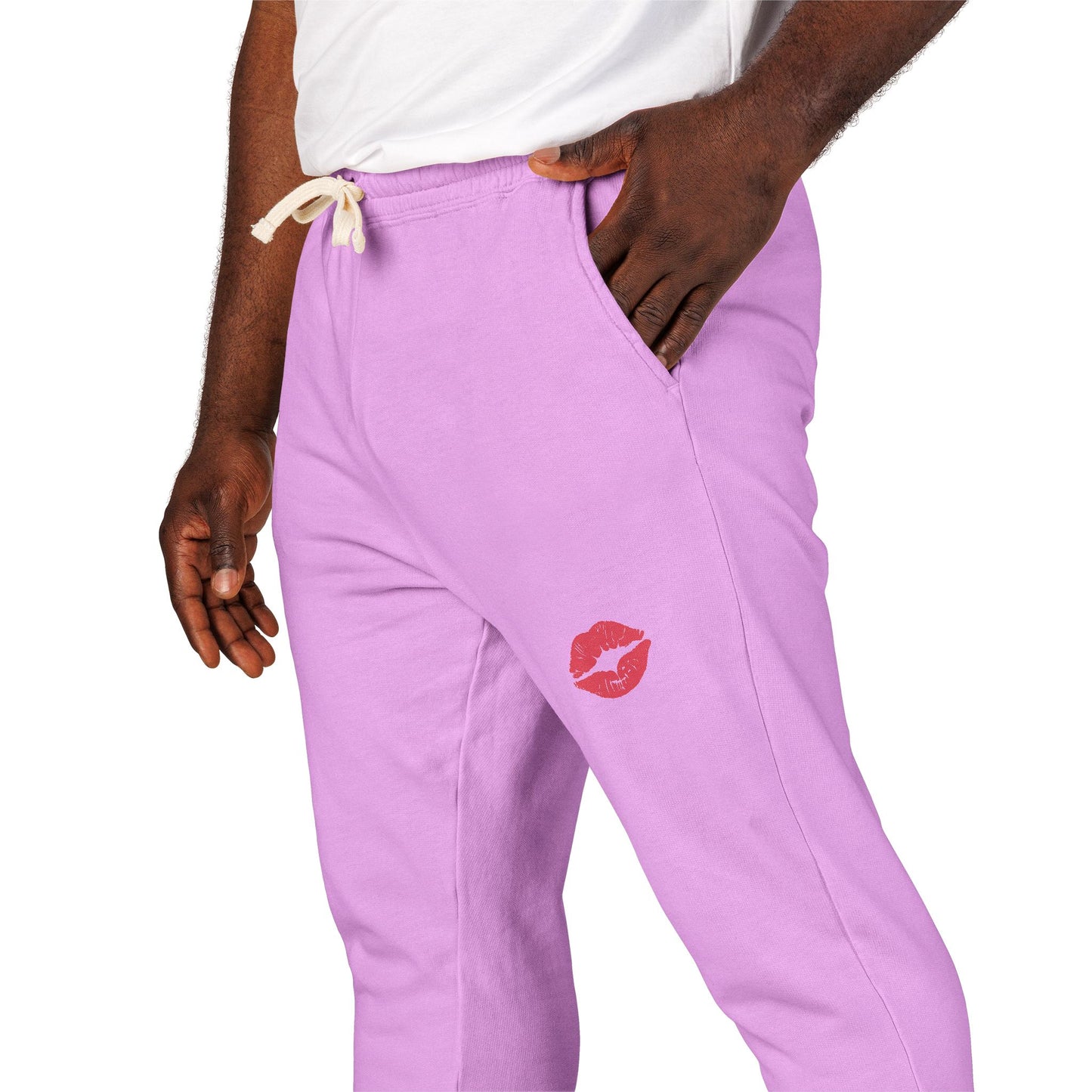 Cozy Fleece Kiss Print Sweatpants, Relaxed Lounge Pants, Unisex Stylish Joggers, Perfect for Casual Days, Gift for Friends, Comfortable Home Wear