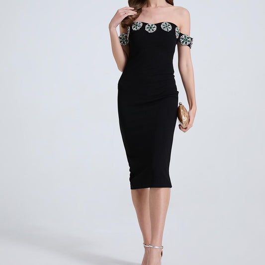 Women Nail Diamond One Line Shoulder Diamond Slim Slit Dress
