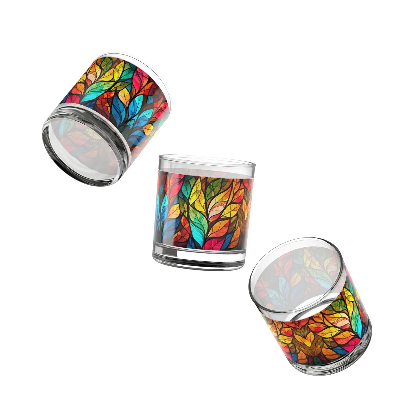 Colorful Stained Glass Leaves Rocks Glass 10oz Whiskey Tumbler