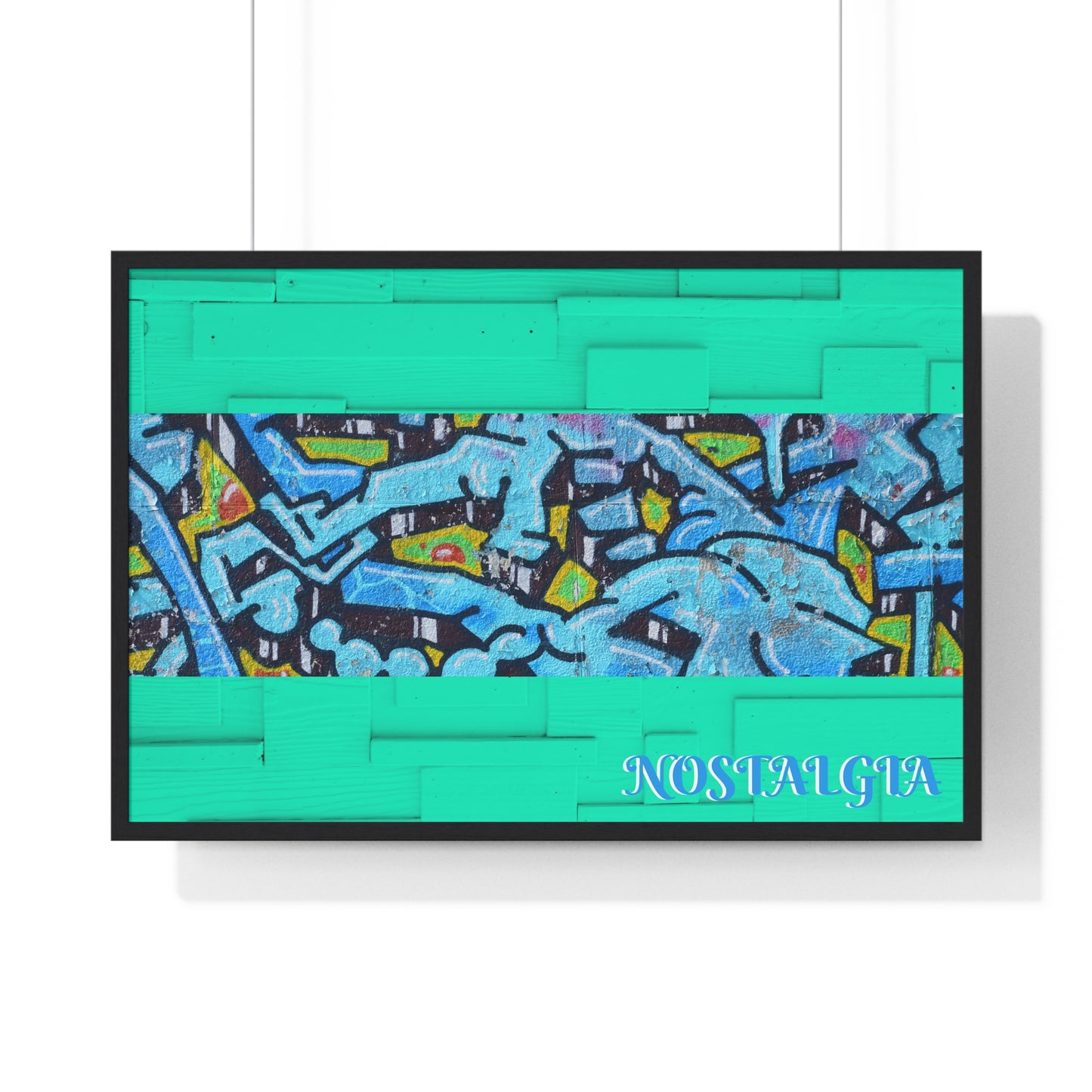 Nostalgia Graffiti Horizontal Framed Poster — Teal Urban Street Art Print