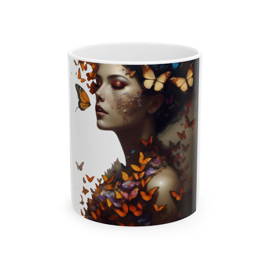 Butterfly Embrace Woman Ceramic Mug | Unique Gift for Nature Lovers, Inspirational Coffee Cup, Home Decor, Animal Art, Beautiful Butterfly Design