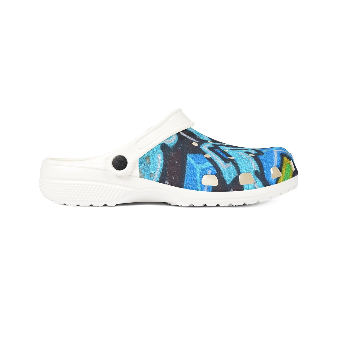 Graffiti Painted Cityscape EVA Clogs — Artistic Blue Graphic Foam Slip‑Ons