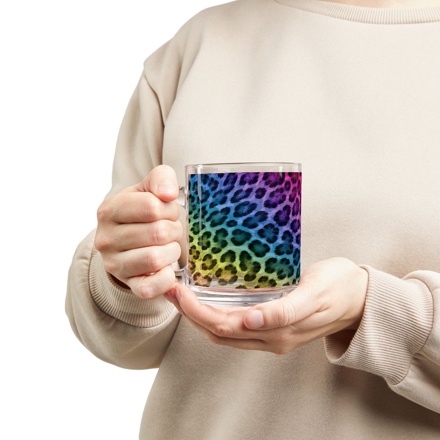 Rainbow Leopard Print Glass Mug Colorful Animal Pattern, 10oz