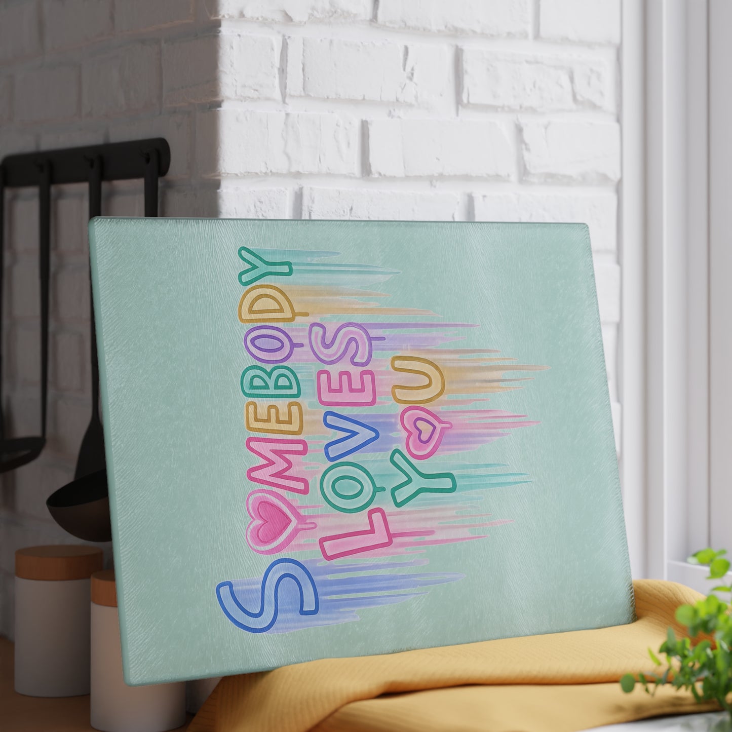 Somebody Loves You Glass Cutting Board — Pastel Rainbow Heart Kitchen Gift
