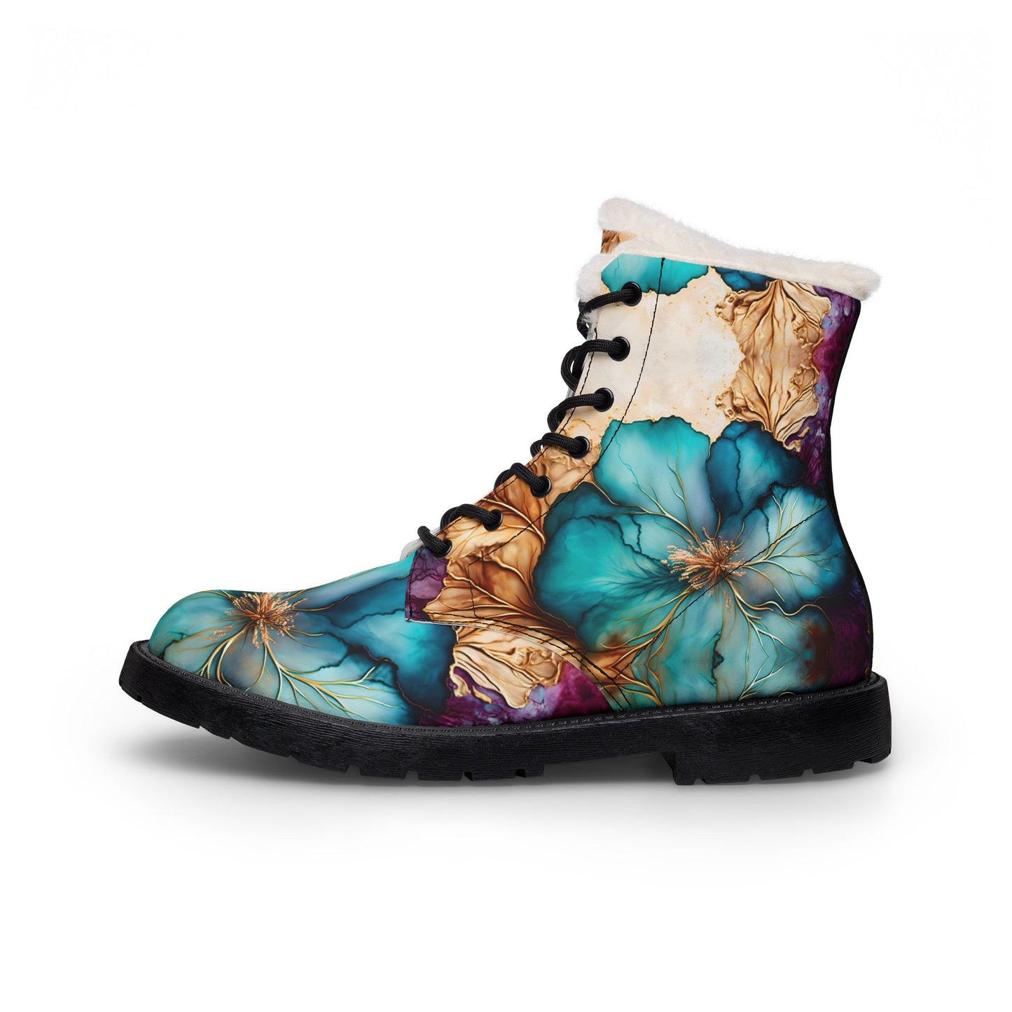 Teal Floral Fur-Lined Leather Boots — Women's Winter Ankle Boots