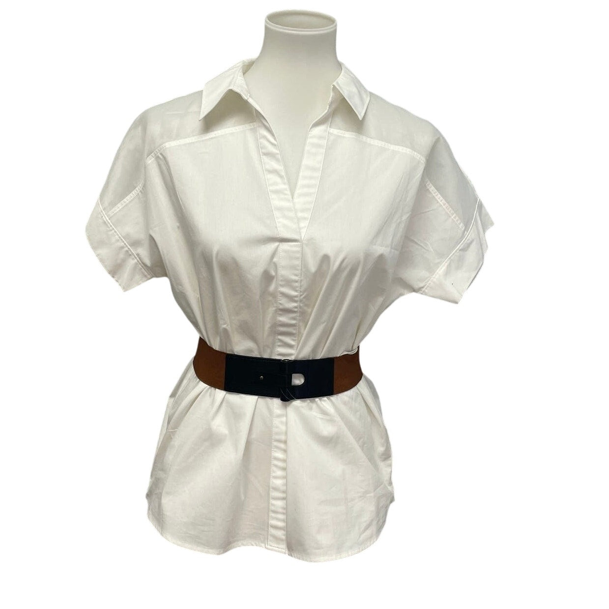 New Worthington Womens Size Small Cotton Blend Short Sleeve Belted Button Shirt