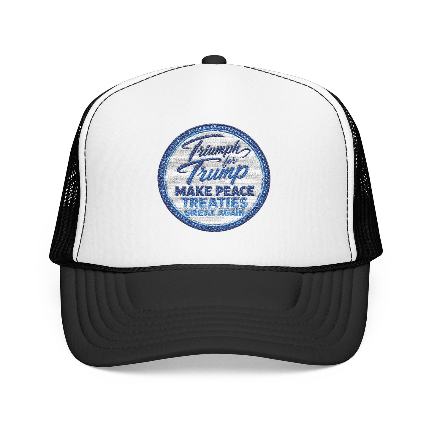 Trucker hat with a blue circular design on a white background Black unisex foam trucker cap with vintage embroidered "Triumph for Trump – Make Peace Treaties Great Again" political patch.