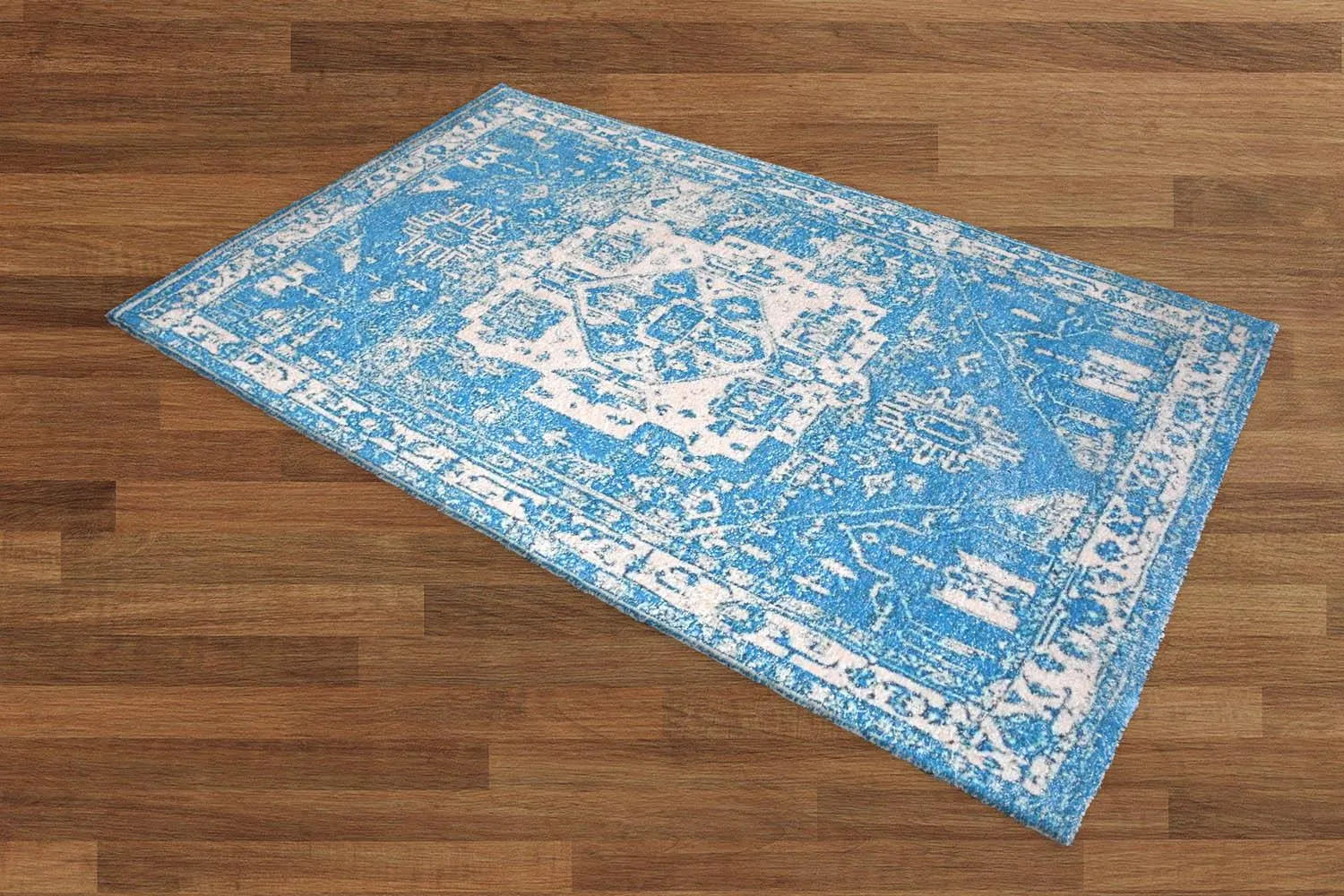 Multi Sizes Handmade Micro Printed Polyester Traditional Oriental Area Rug Blue, White Color-1