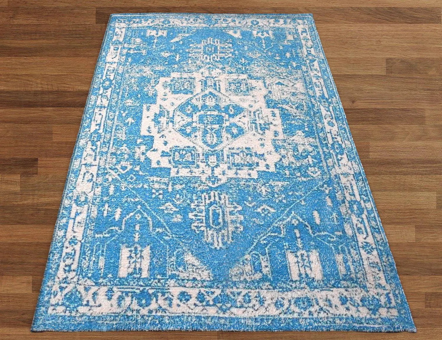 Multi Sizes Handmade Micro Printed Polyester Traditional Oriental Area Rug Blue, White Color-3