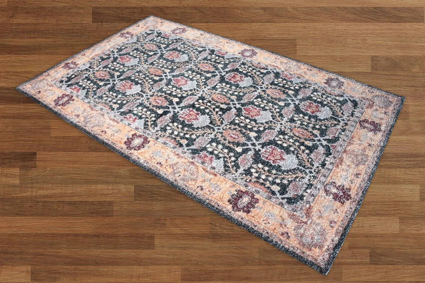 Multi Sizes Micro Printed Hand Woven Polyester Oriental Area Rug Charcoal, Peach Color-2