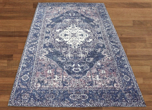 Multi Size Handmade Hand-Woven Micro Printed Traditional Oriental Area Rug Blue, Ivory Color-0