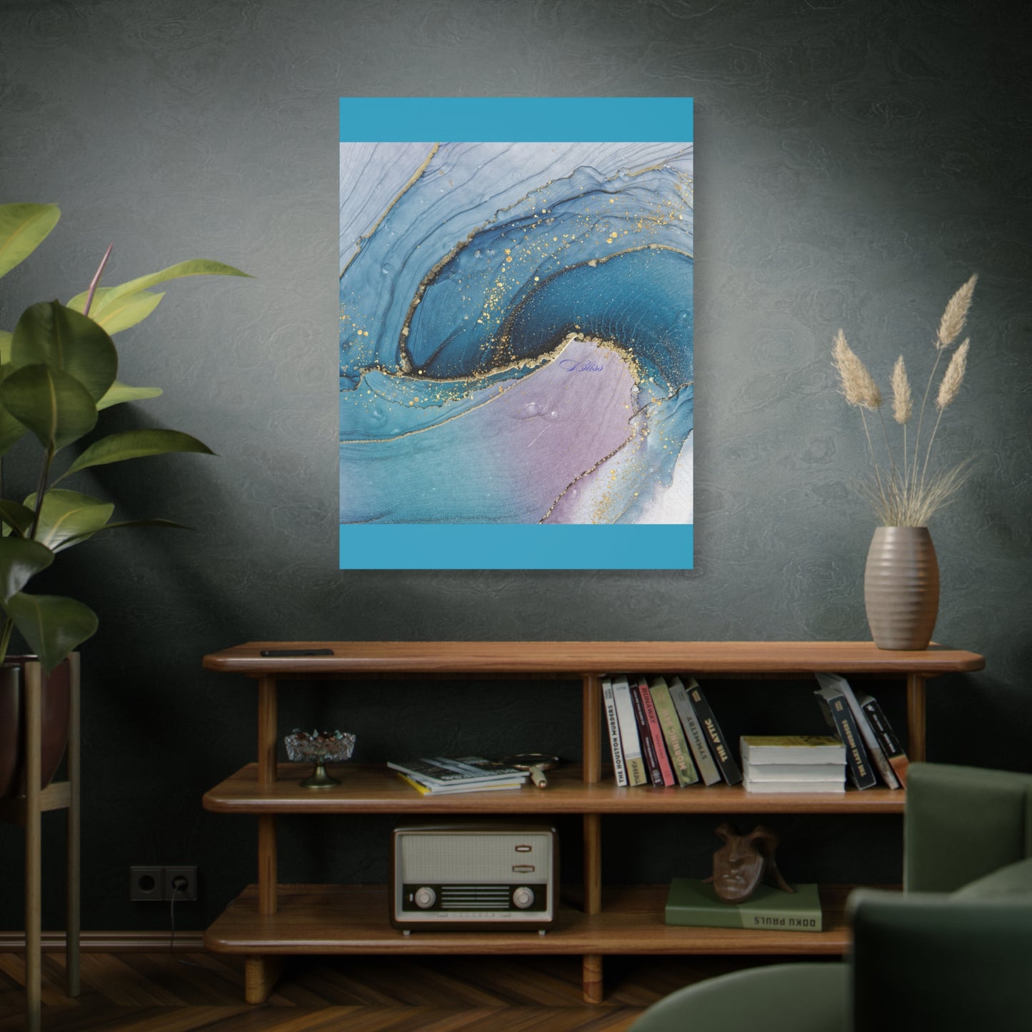 Canvas Wall Art, Abstract Ocean Wave, Modern Decor, Home Office, Gift for Her, Blue Gold Artwork, Living Room Wall Decor