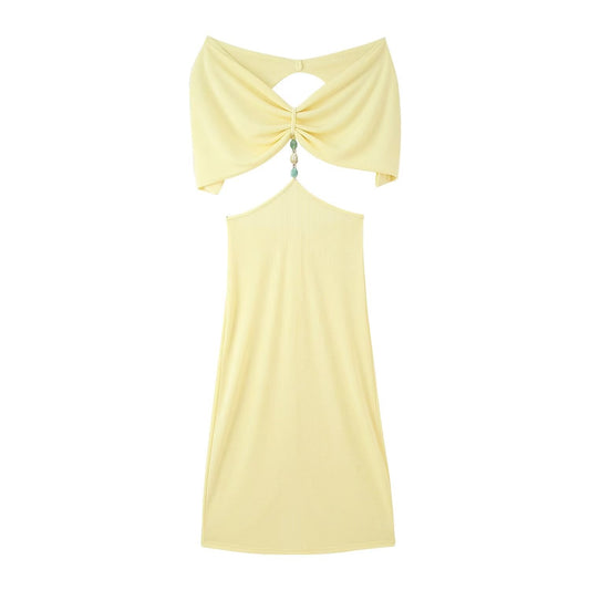 Women Clothing French Simple Sexy Backless Beads Dress