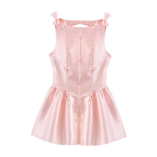 Women Clothing Summer Sexy Hollow Out Cutout Back Sleeveless Bowknot Decorative Pettiskirt Short Dress