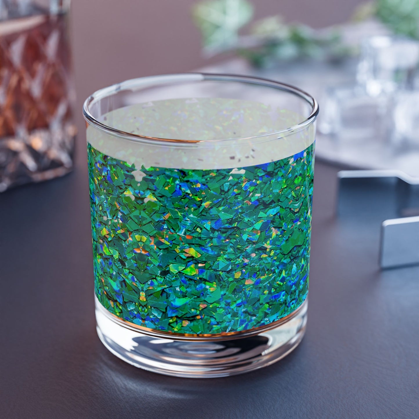 Green Iridescent Holographic Pattern Print Rocks Glass 10oz Cocktail Tumbler