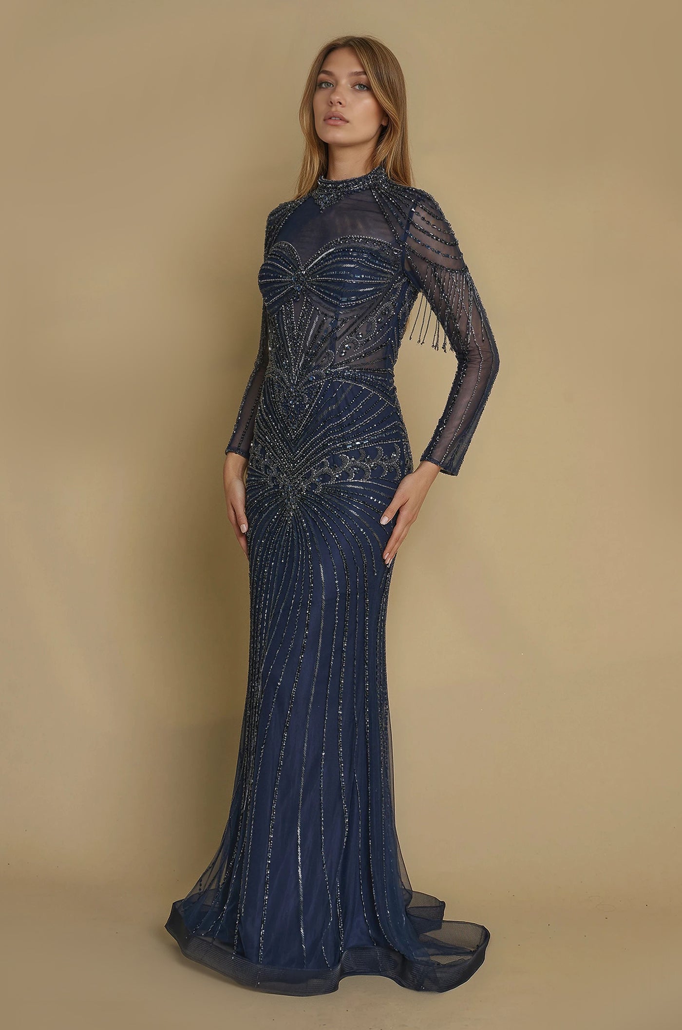 Dubai Hand Embellished Long Sleeve Couture Dress-2