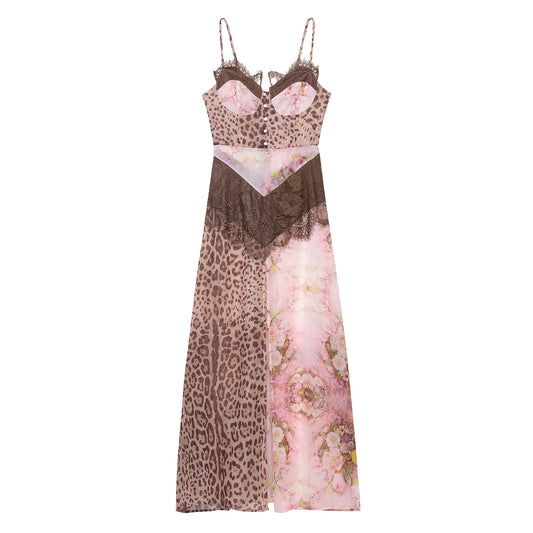 Women Clothing Color Contrast Printed Lace Slim Fit Patchwork Split Sling Dress