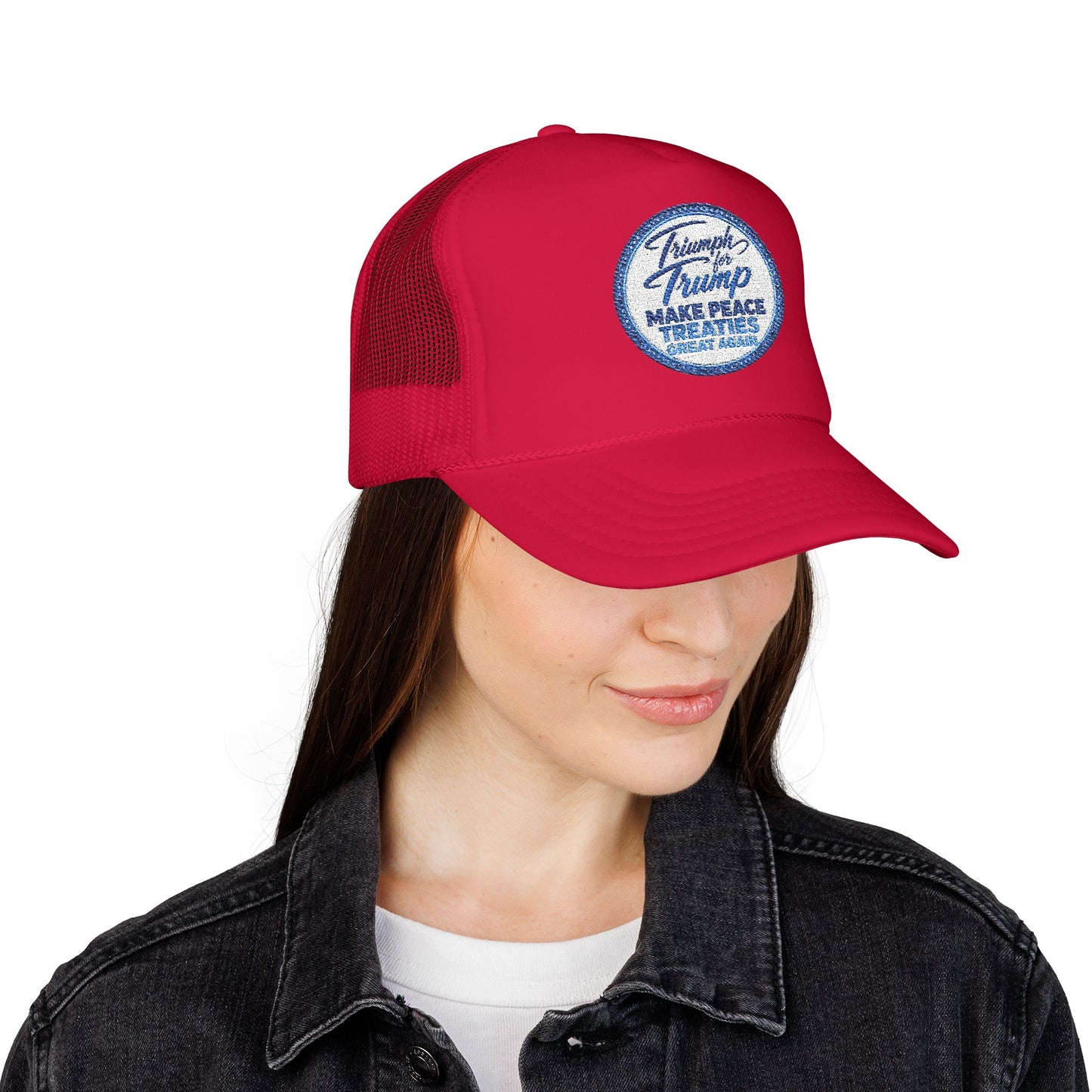 "Triumph for Trump: Make Peace Treaties Great Again" ✨EMBROIDERED Foam Trucker Hat — Vintage Trump Campaign Patch, Only @ LuxeByMimi✨