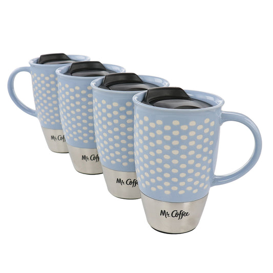 Mr. Coffee Coupleton Dot 4 Piece 15 Ounce Stoneware and Stainless Steel Travel Mug Set with Lid in-0