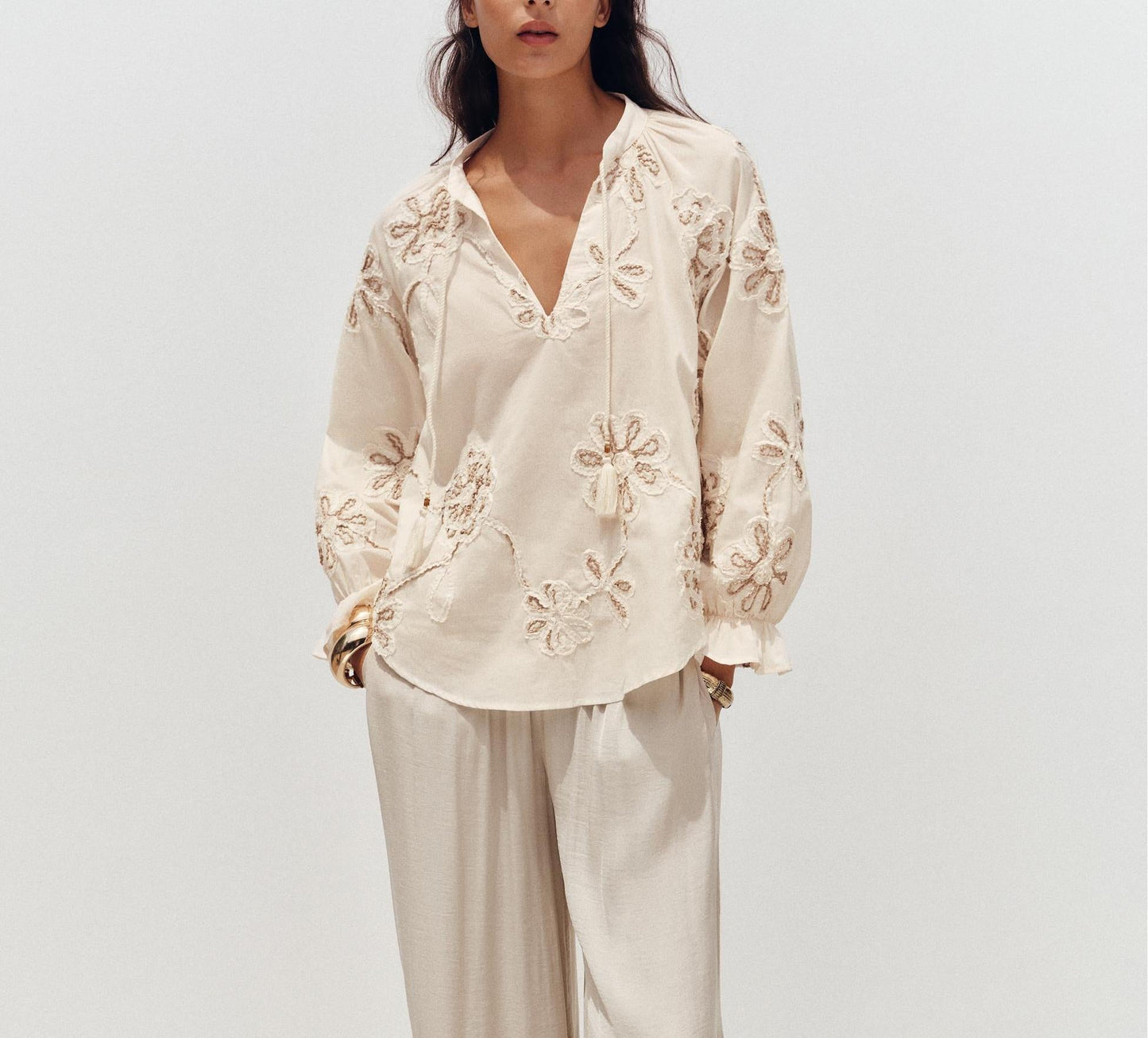 Women Clothing Spring Sweet Floral Embroidered Mini Shirt