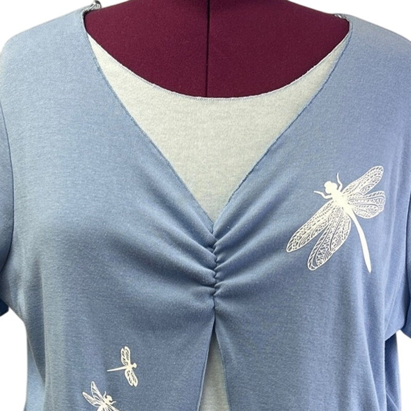 Hand Printed Upcycled Womens 26/28W Layer Look Dragonfly Short Sleeve Blouse Top