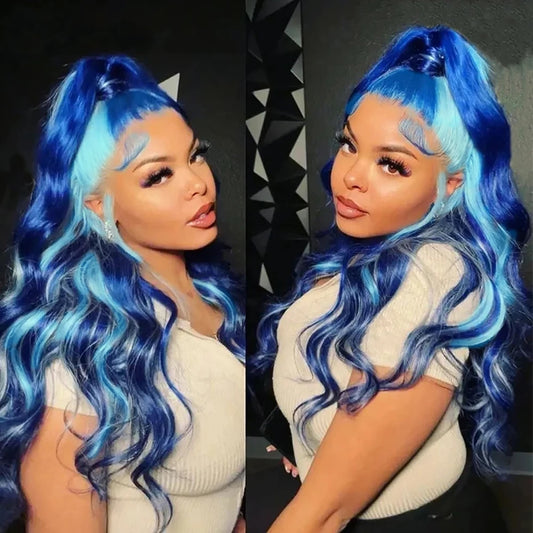Side-by-side comparison of a woman with blue hair against a dark background 13x4 Lace Front Wig Blue Body Wave Wig Natural Highlight Blue Streak Wave Wigs for Womenen Synthetic Glueless Wigs Daily