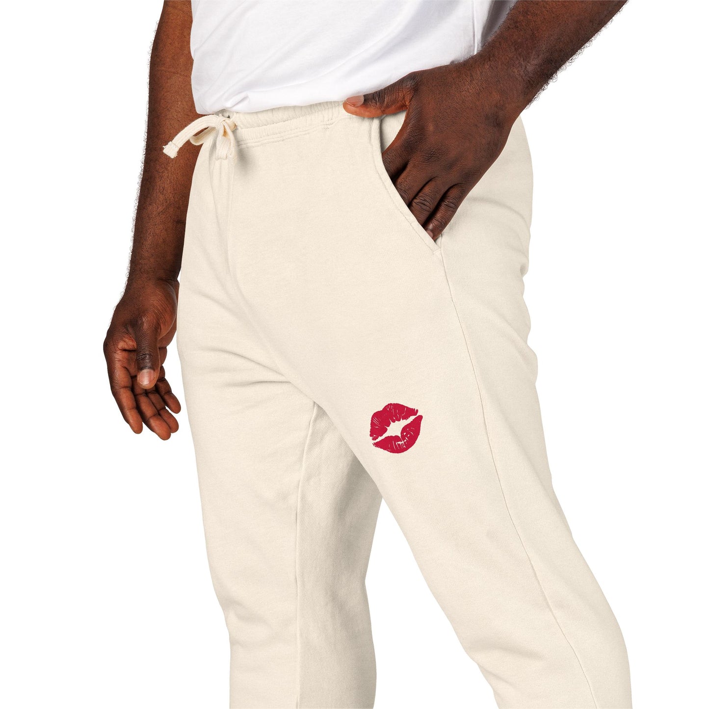 Cozy Fleece Kiss Print Sweatpants, Relaxed Lounge Pants, Unisex Stylish Joggers, Perfect for Casual Days, Gift for Friends, Comfortable Home Wear