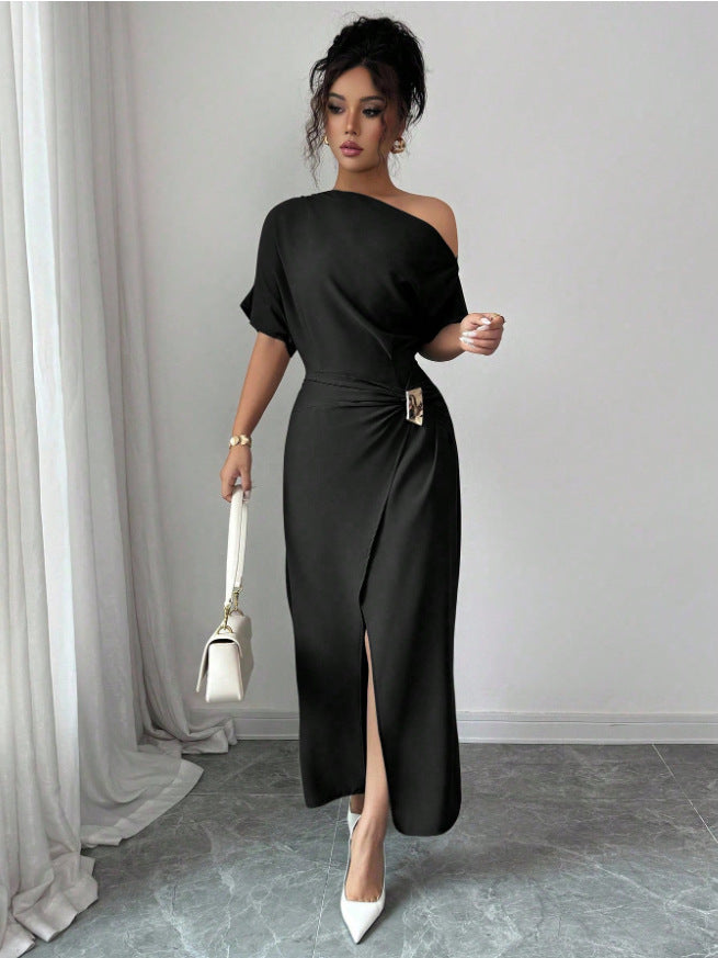Spring Summer off the Shoulder Dress Women Solid Color Split Elegant Slim Fit Sheath Dress