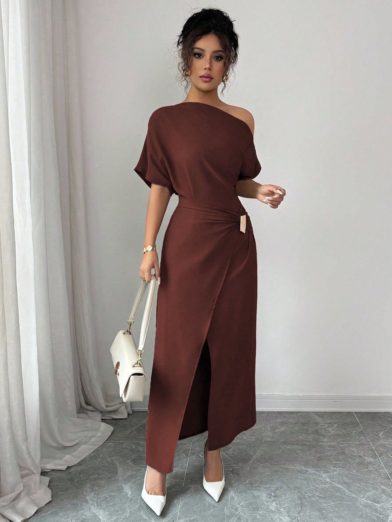 Spring Summer off the Shoulder Dress Women Solid Color Split Elegant Slim Fit Sheath Dress