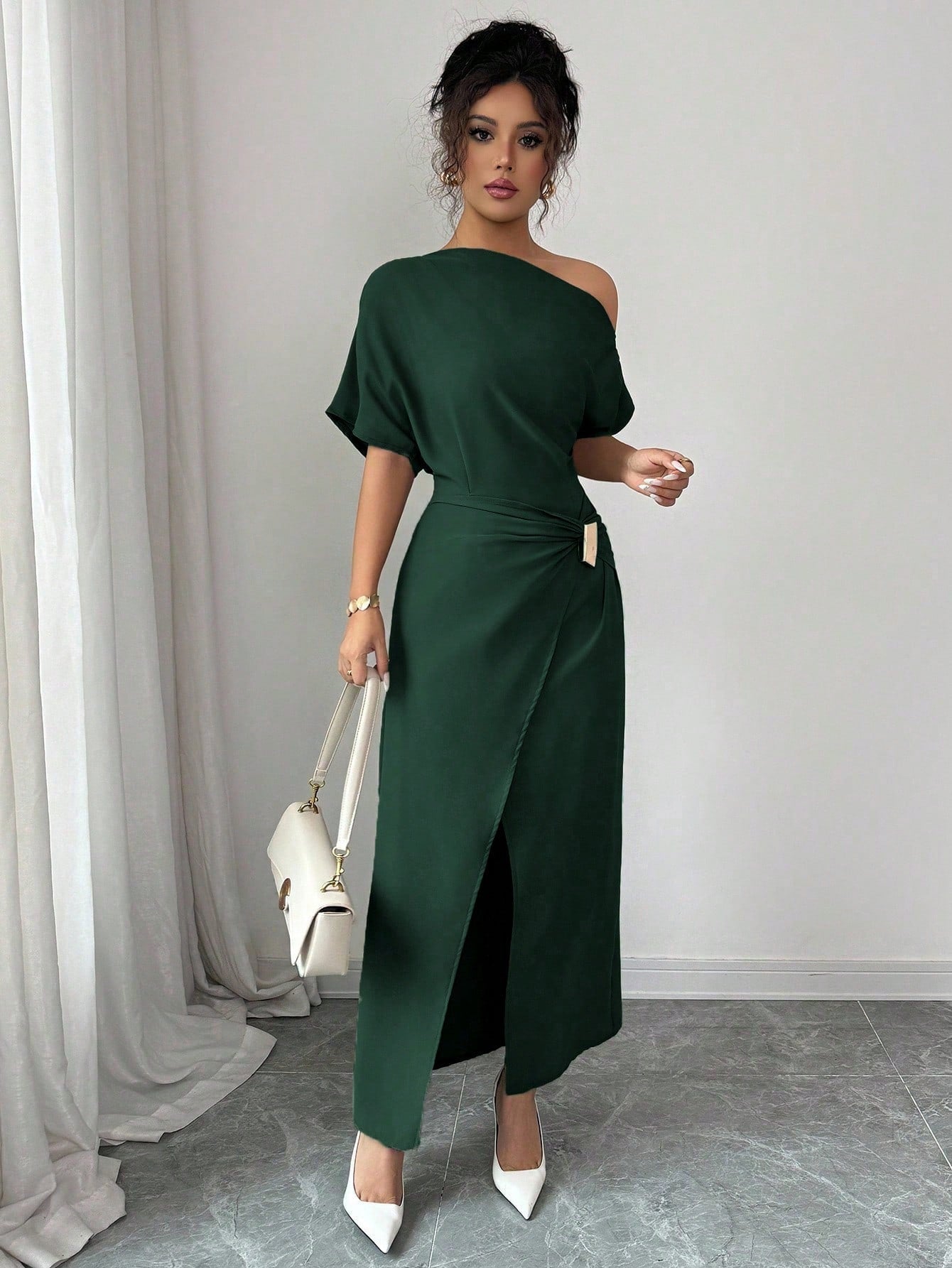 Spring Summer off the Shoulder Dress Women Solid Color Split Elegant Slim Fit Sheath Dress