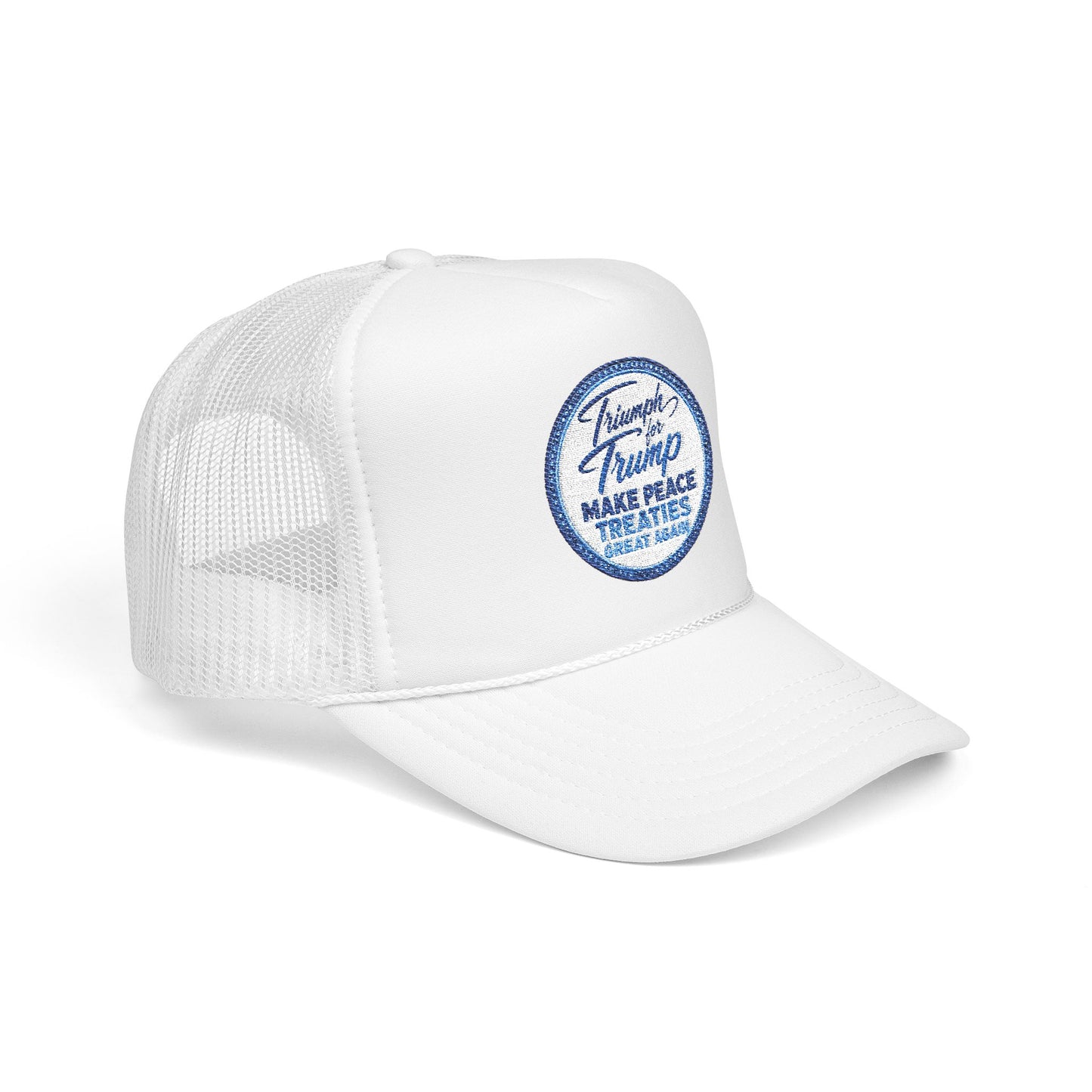 "Triumph for Trump: Make Peace Treaties Great Again" ✨EMBROIDERED Foam Trucker Hat — Vintage Trump Campaign Patch, Only @ LuxeByMimi✨