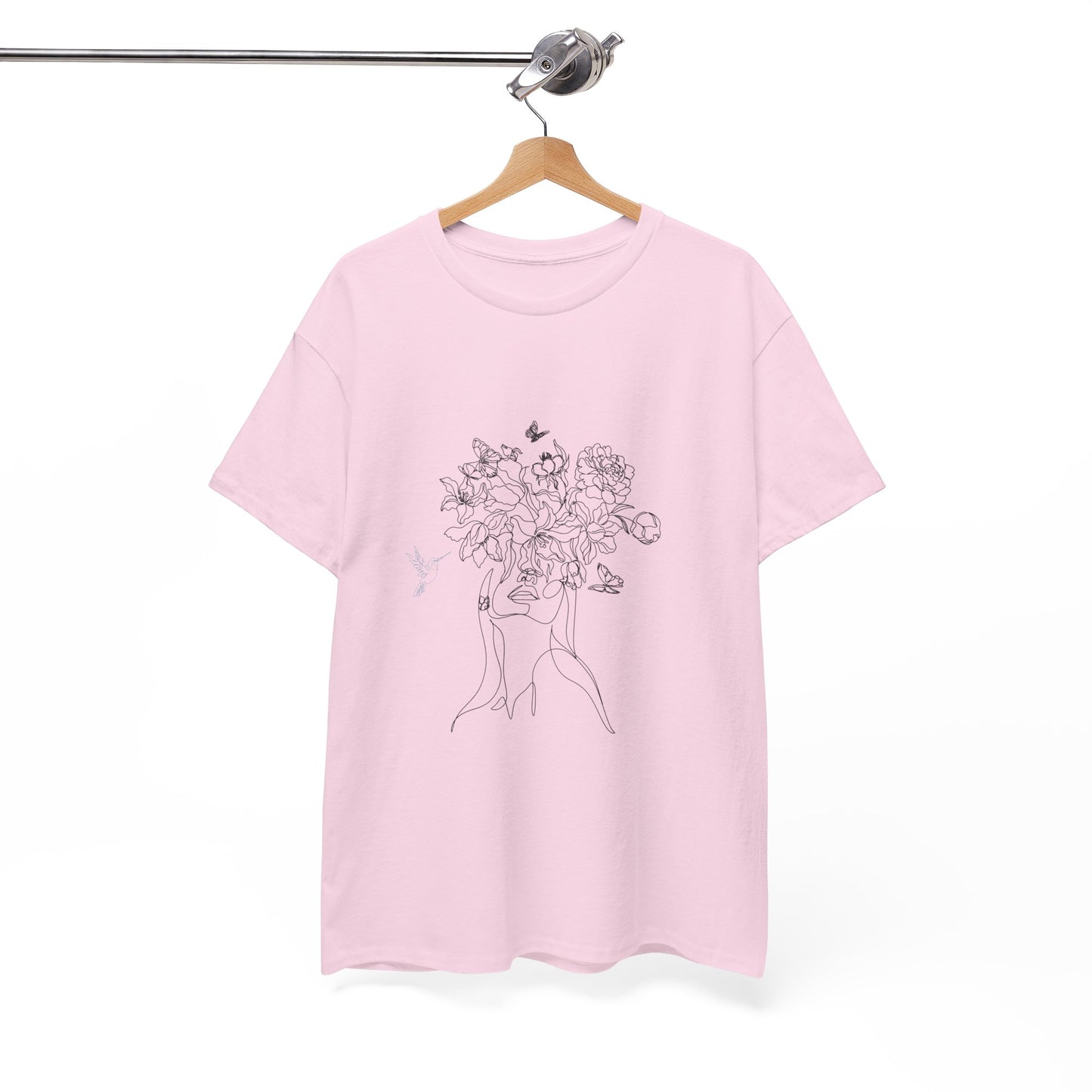 Floral Art Sketch Woman Flowers Hummingbird Unisex Heavy Cotton Tee - Beautiful Gift for Her, Everyday Comfort, Spring Style, Unique Graphic Shirt