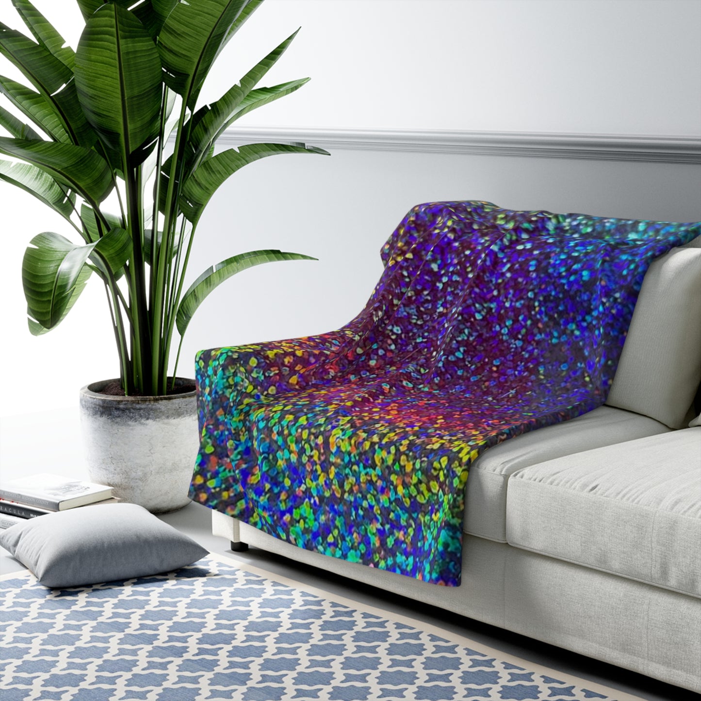 Holographic Rainbow Glitter Print Sherpa Blanket | Plush Fleece Throw