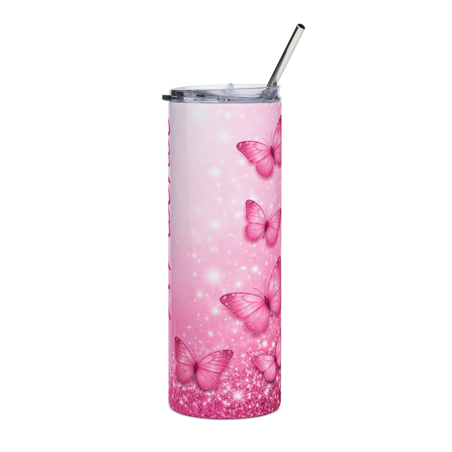 Customized Name - Pink Butterfly Sparkle Tumbler | 20oz Stainless Steel