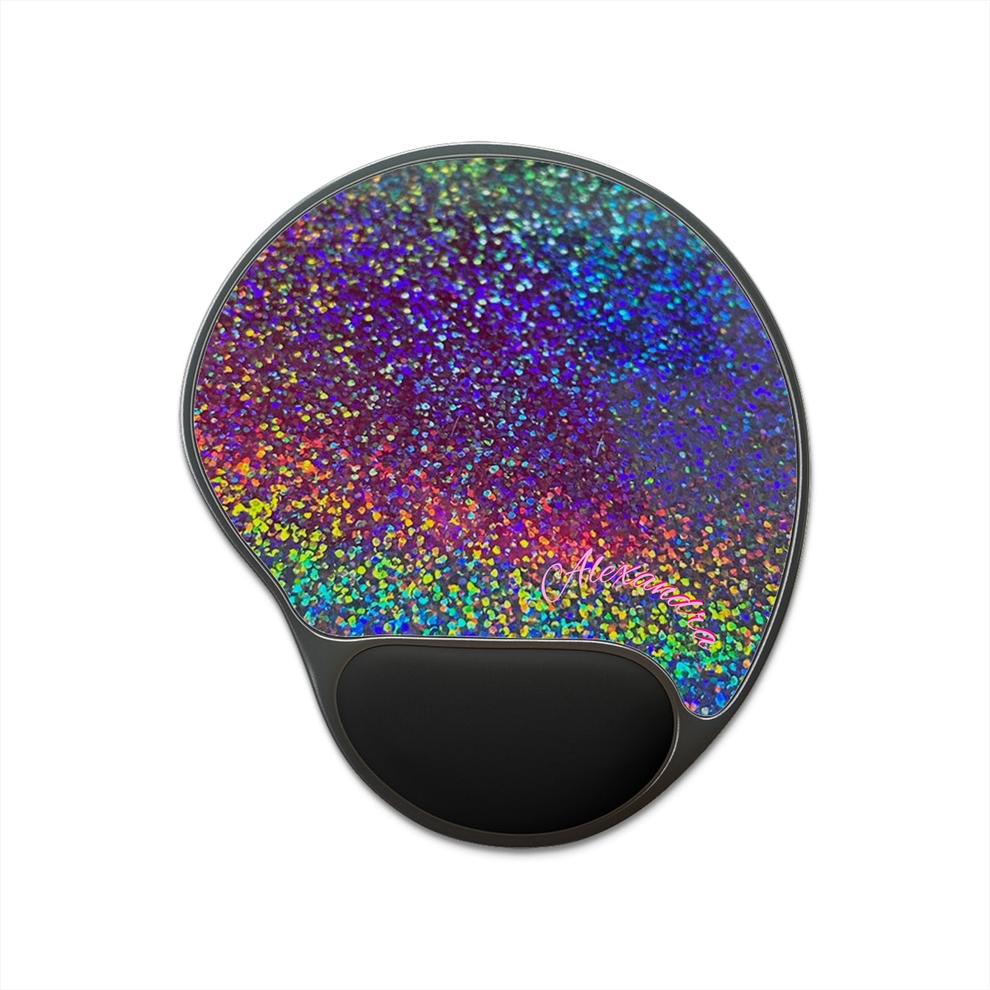 Personalized Holographic Glitter Mouse Pad with Wrist Rest - Rainbow Sparkle Desk Mat
