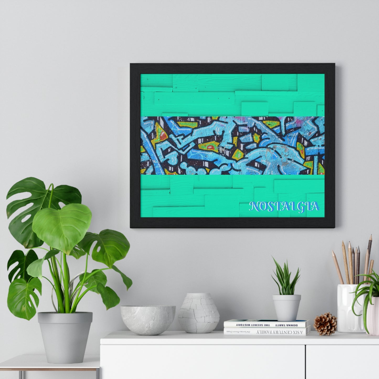 Nostalgia Graffiti Horizontal Framed Poster — Teal Urban Street Art Print