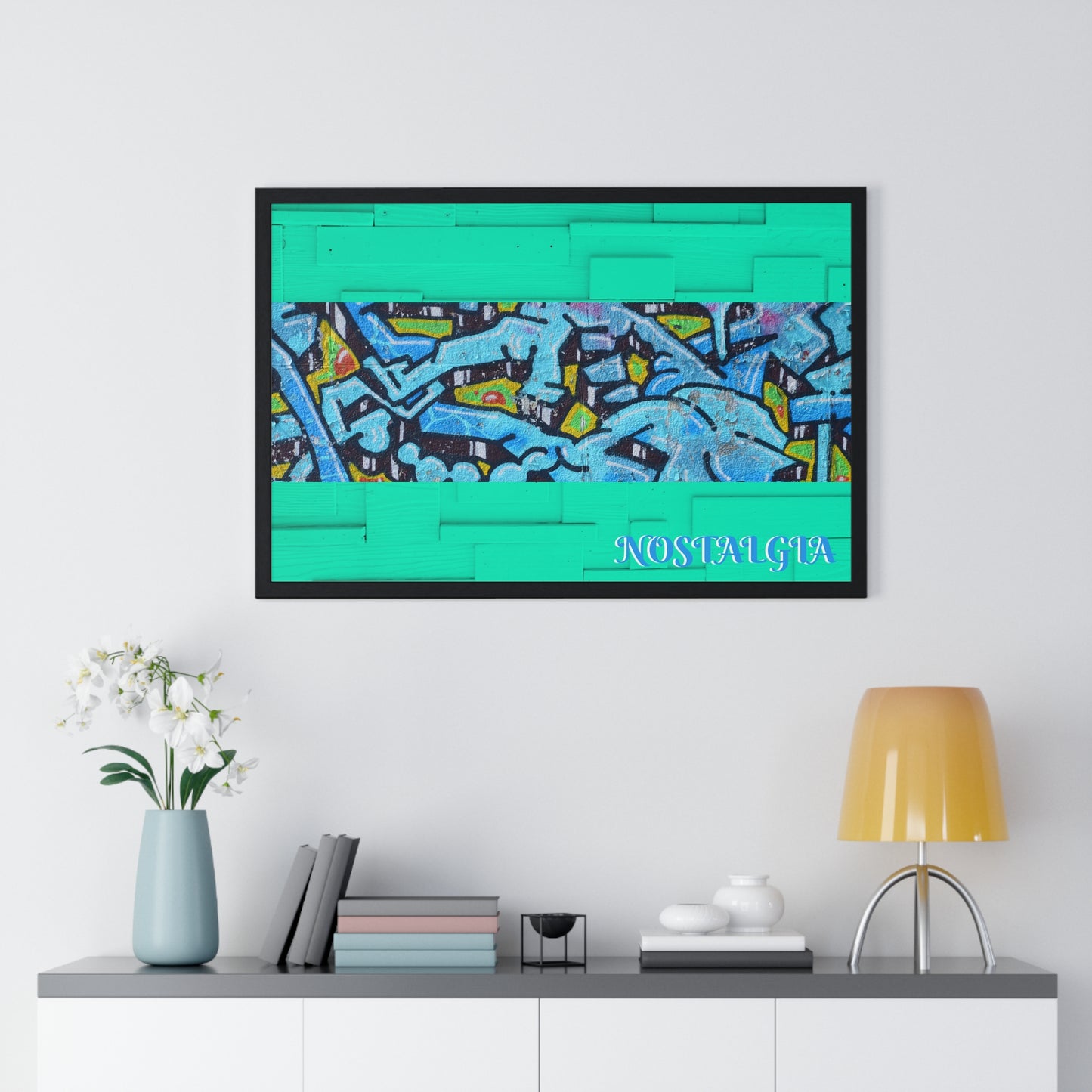 Nostalgia Graffiti Horizontal Framed Poster — Teal Urban Street Art Print