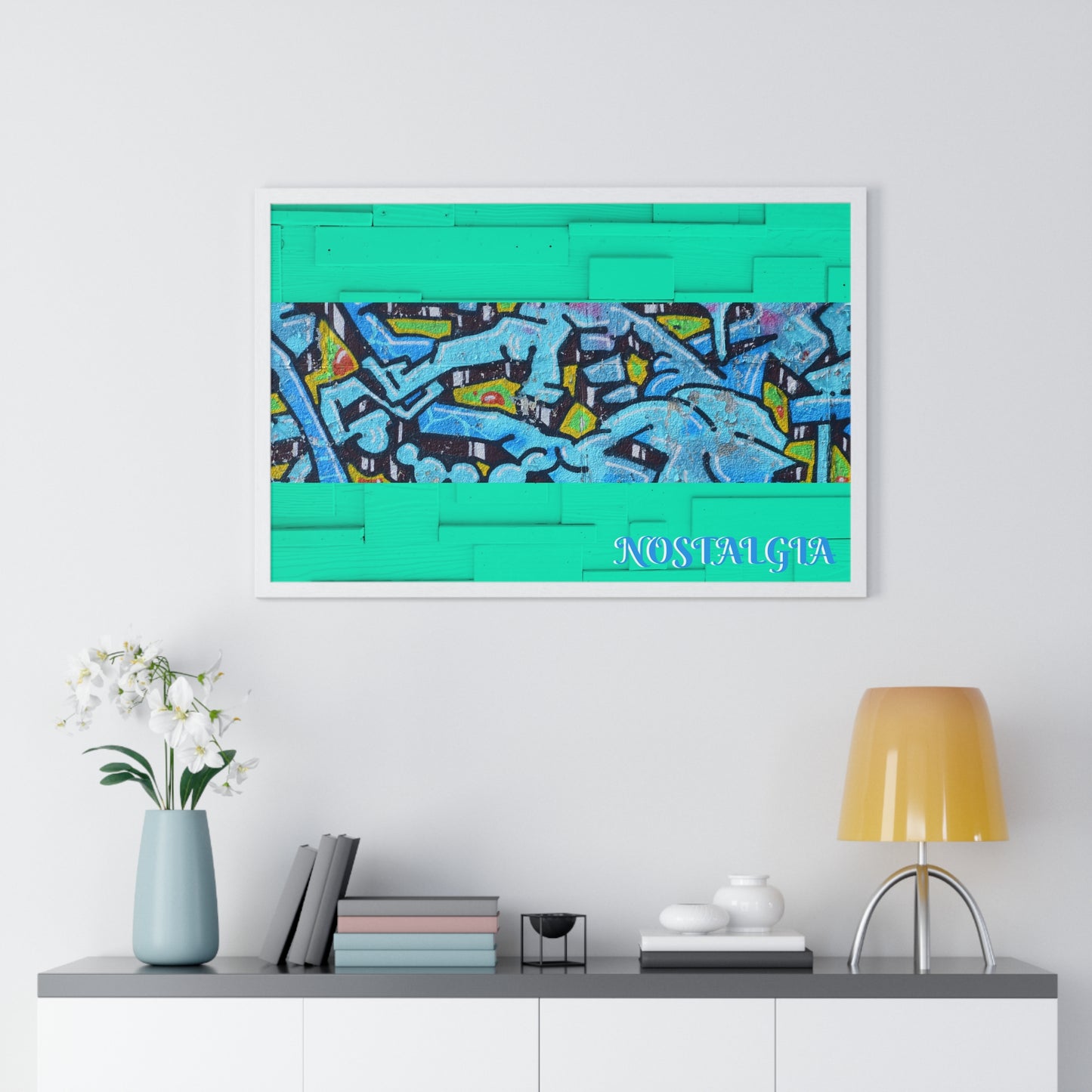 Nostalgia Graffiti Horizontal Framed Poster — Teal Urban Street Art Print