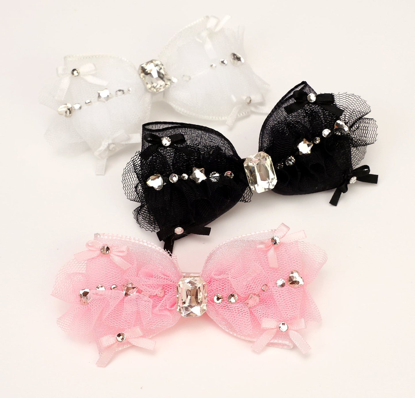 Pet Accessories Tulle Bow Hair Clip with Crystal Center Headwear