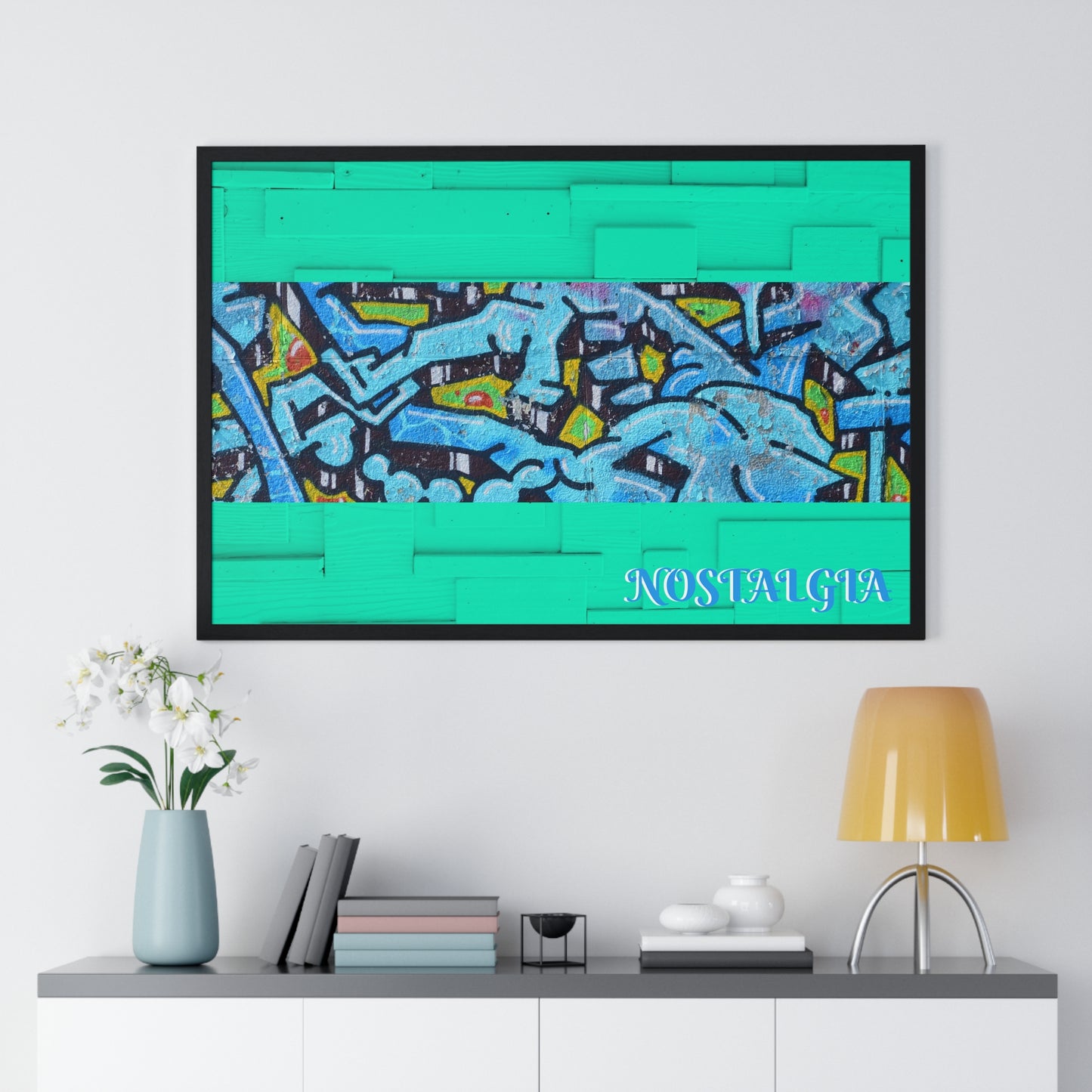 Nostalgia Graffiti Horizontal Framed Poster — Teal Urban Street Art Print