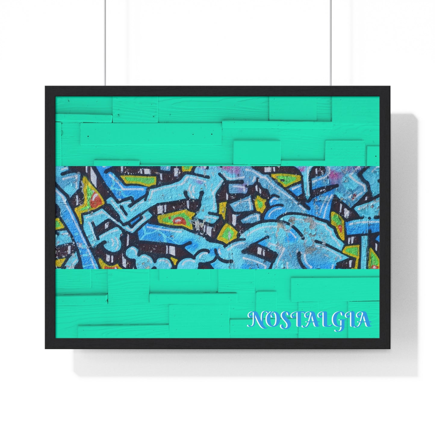 Nostalgia Graffiti Horizontal Framed Poster — Teal Urban Street Art Print