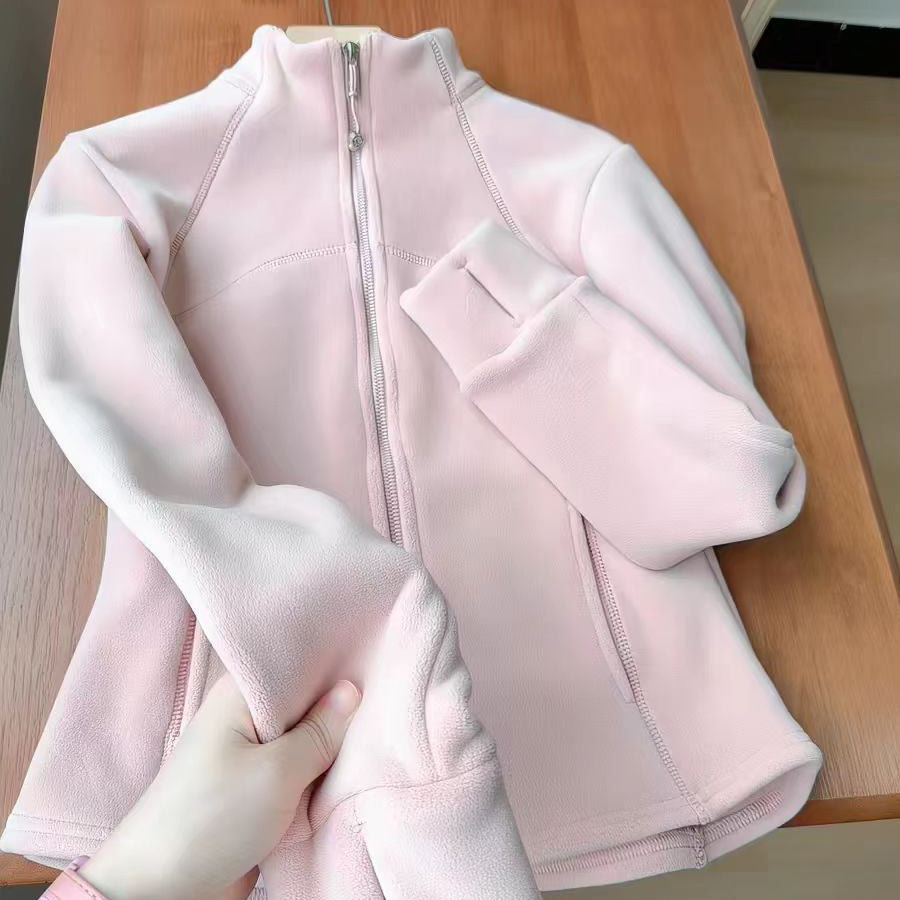 Pink Stand Collar Fleece Hoodie Jacket Down Inner Lining Warm Top, Tactical Jacket Inner Layer Base Layer