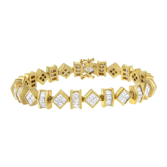14K Yellow Gold Princess & Baguette Diamond Modern Link Bracelet, 7.50 Carat Total Weight Natural Diamonds, Luxury Fine Jewelry, High-Value Investment Bracelet, 7.5 Inch Designer Gold Diamond Bracelet for Women, Elegant Anniversary, Wedding & Special Occasion Gift. G-H Color, VS1-VS2 Clarity