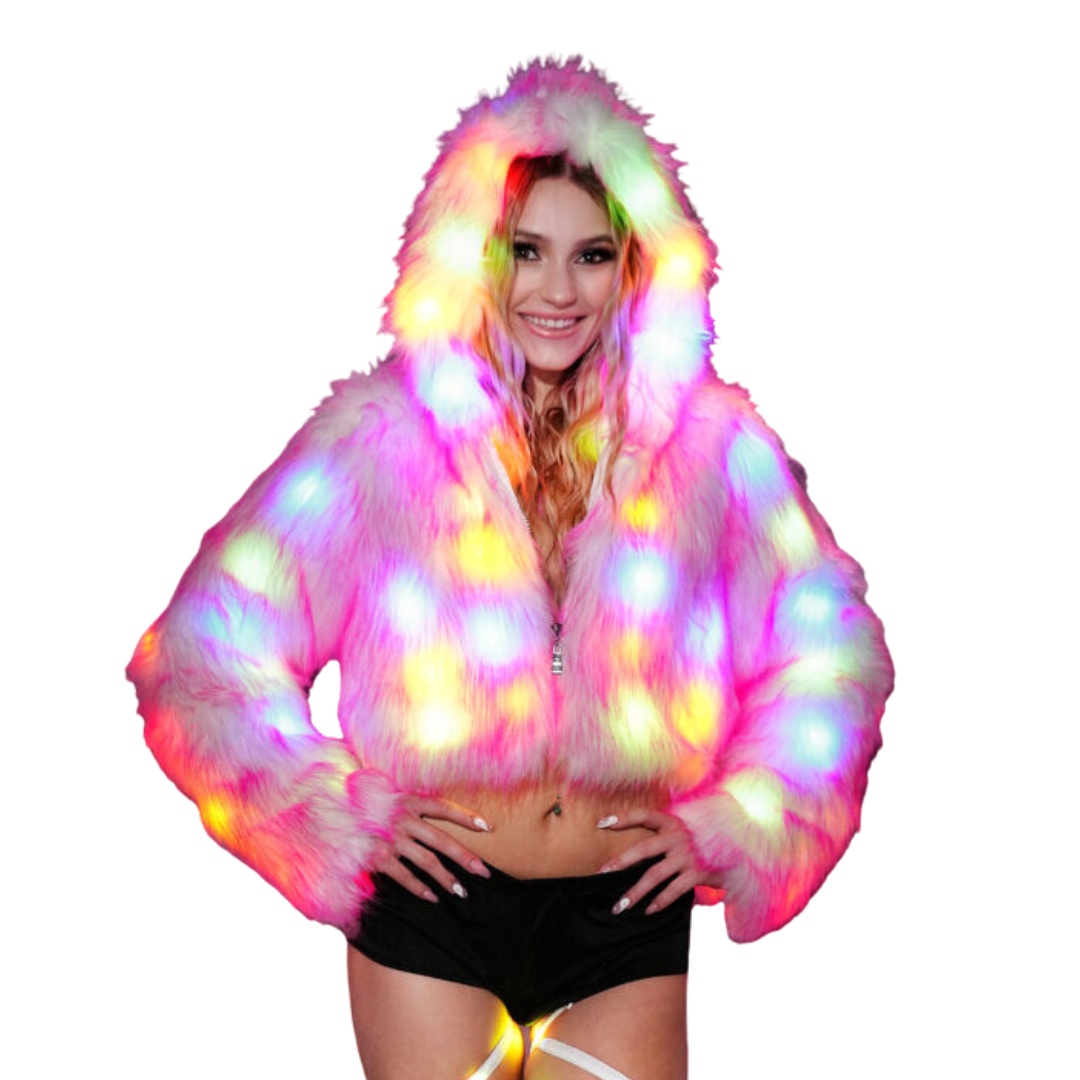 Pink Cropped LED Light Up Faux Fur Coat