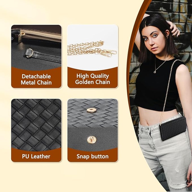 U+U Womens Black Faux Leather Woven Removeable Chain Crossbody Purse Bag