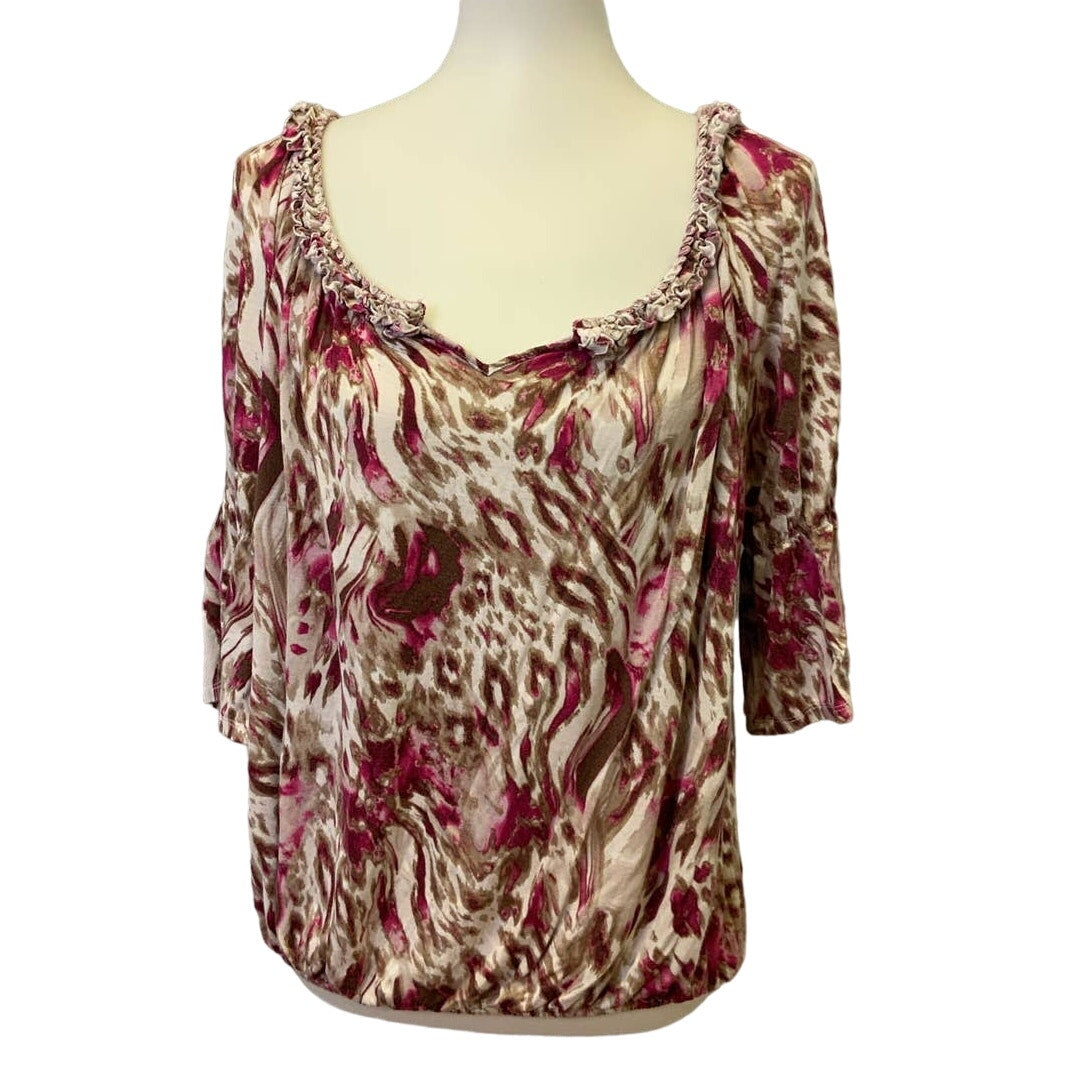 Allen B Womens Medium Cold Open Shoulder Boho Animal Print Lightweight Blouse