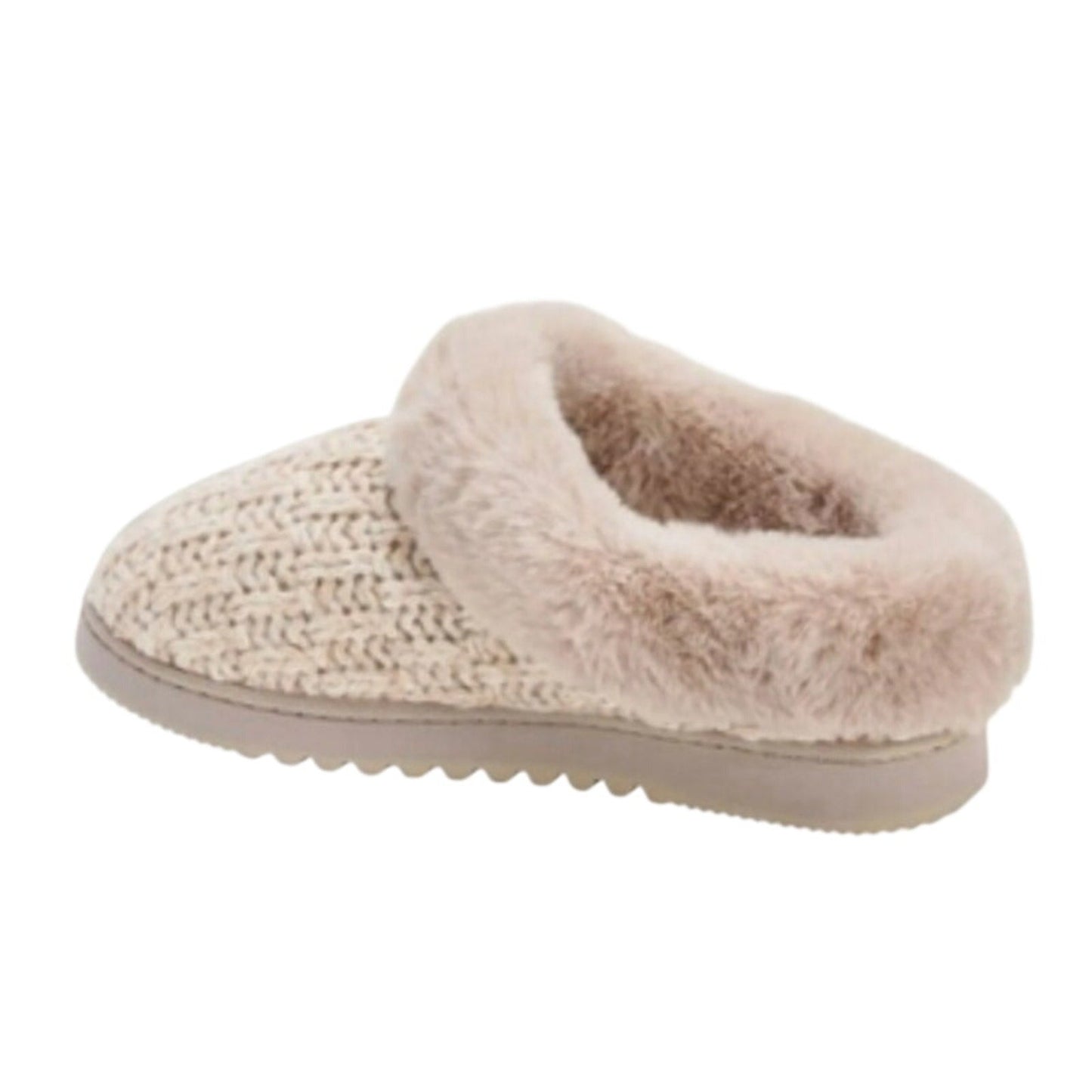 New In Box Dearfoams Women Small 5/6 Tan Faux Fur Lined Knit Slide On Slippers