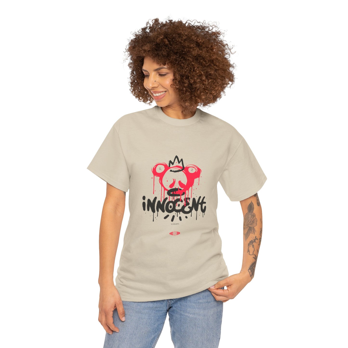 Edgy Graphic Tee: 'Innocent' Design, Urban Fashion, Streetwear, Unisex Cotton T-Shirt, Music Festivals, Casual Wear