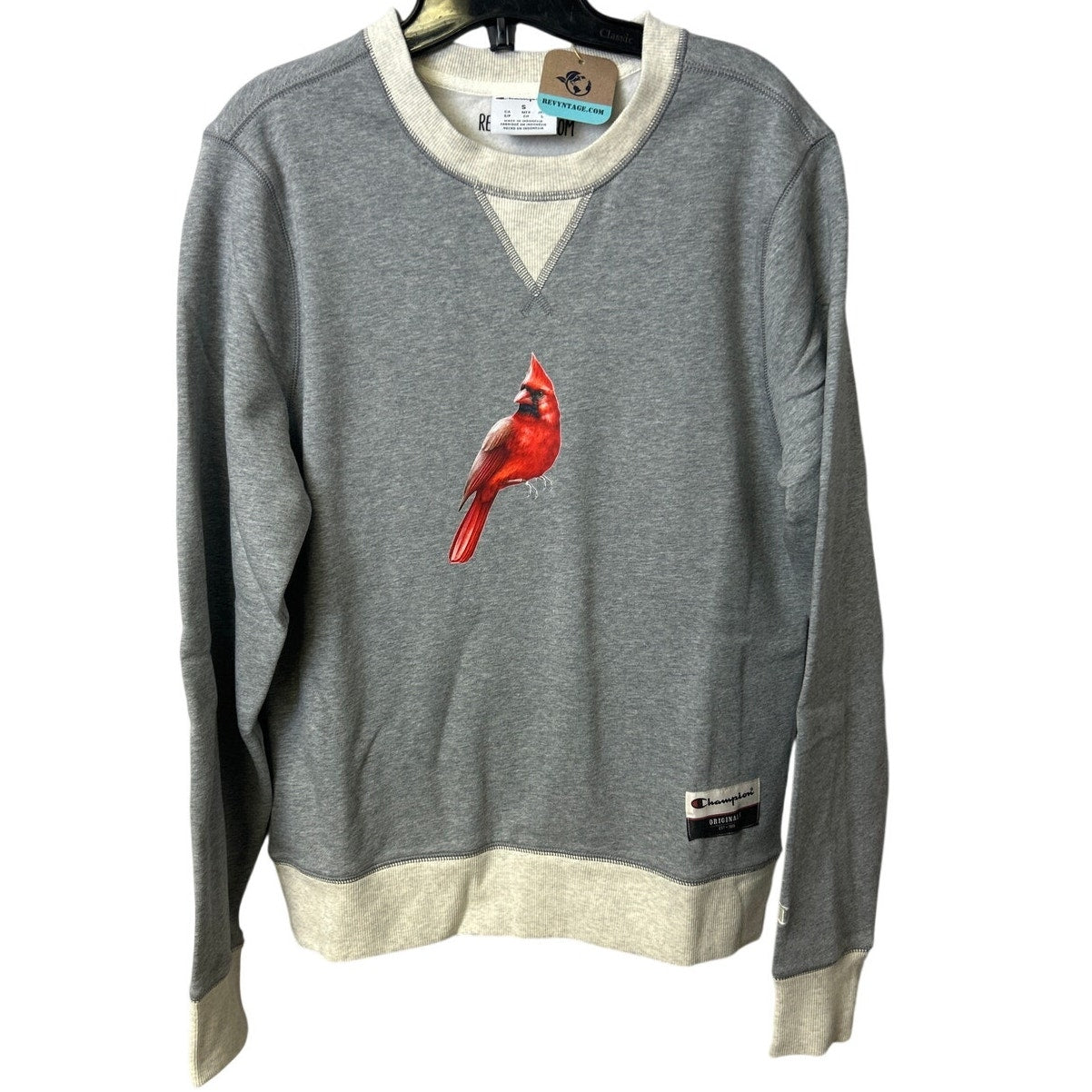 New Hand Printed Womens Small Red Cardinal Bird Long Sleeve Heathered Sweatshirt